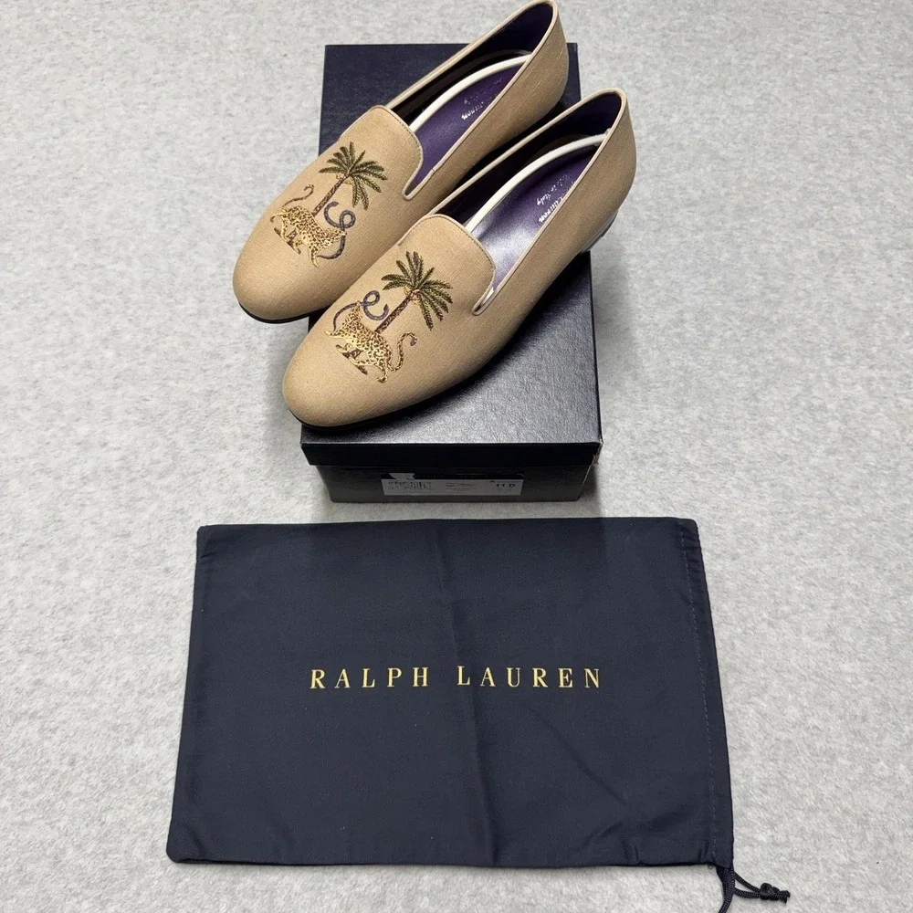 Ralph Lauren Purple Label Alonzo Palm Jaguar Shoes Mens 11 D Beige Slip On